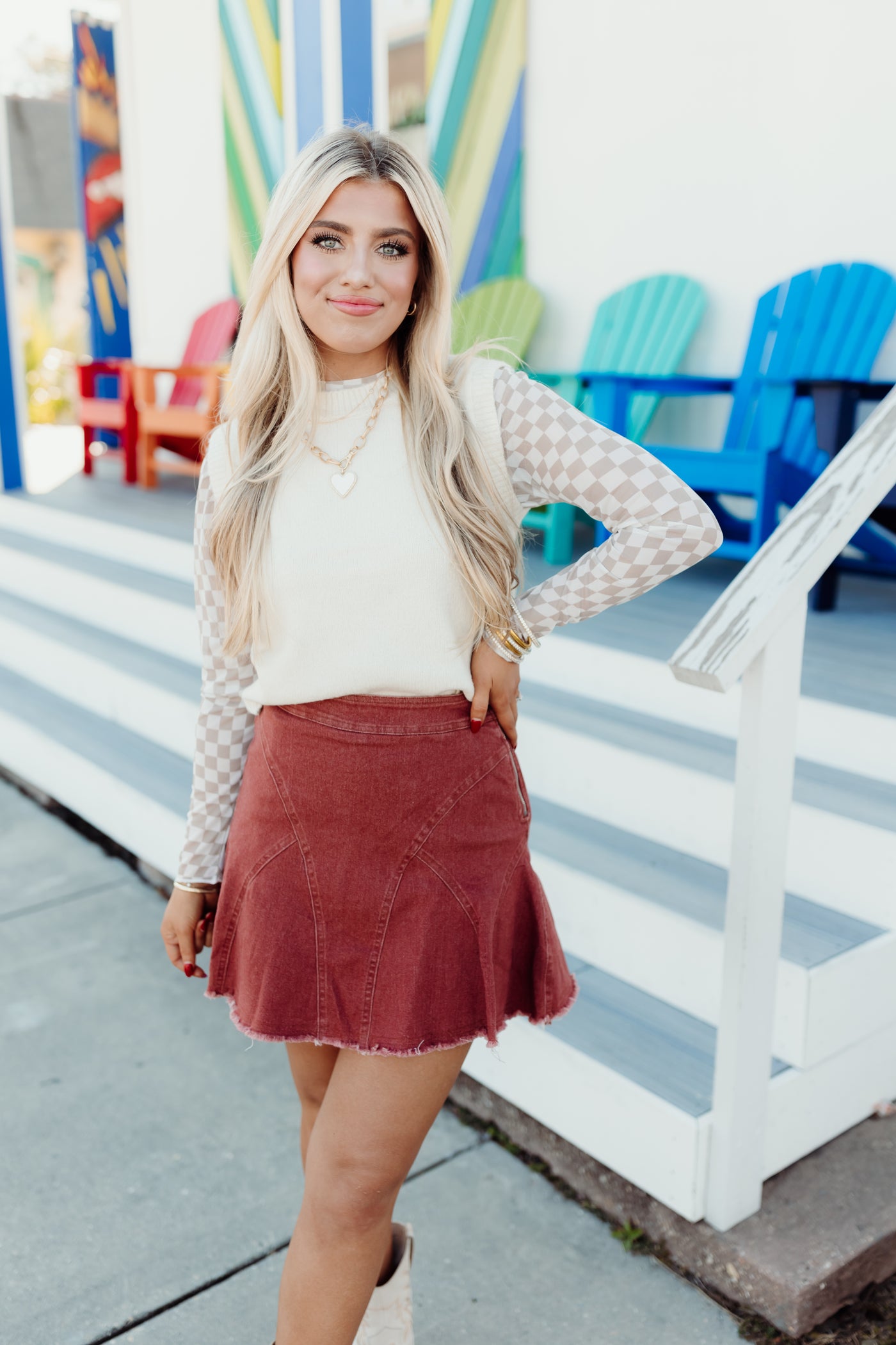 Brick Ruffled Denim Skort