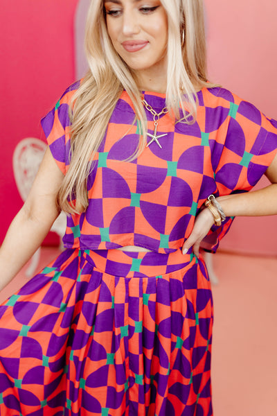 Purple and Coral Multi Geometric Crop Top and Skirt Set