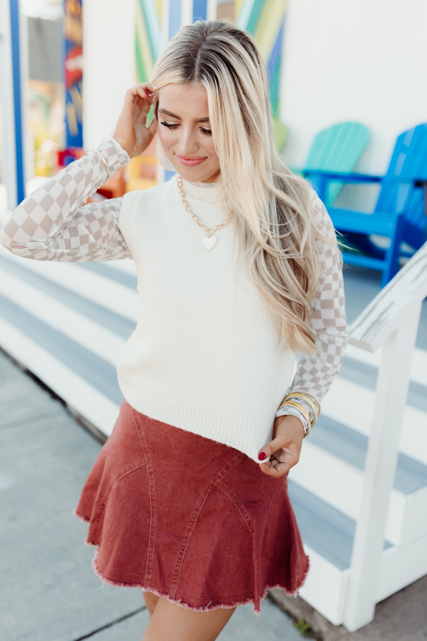 Brick Ruffled Denim Skort