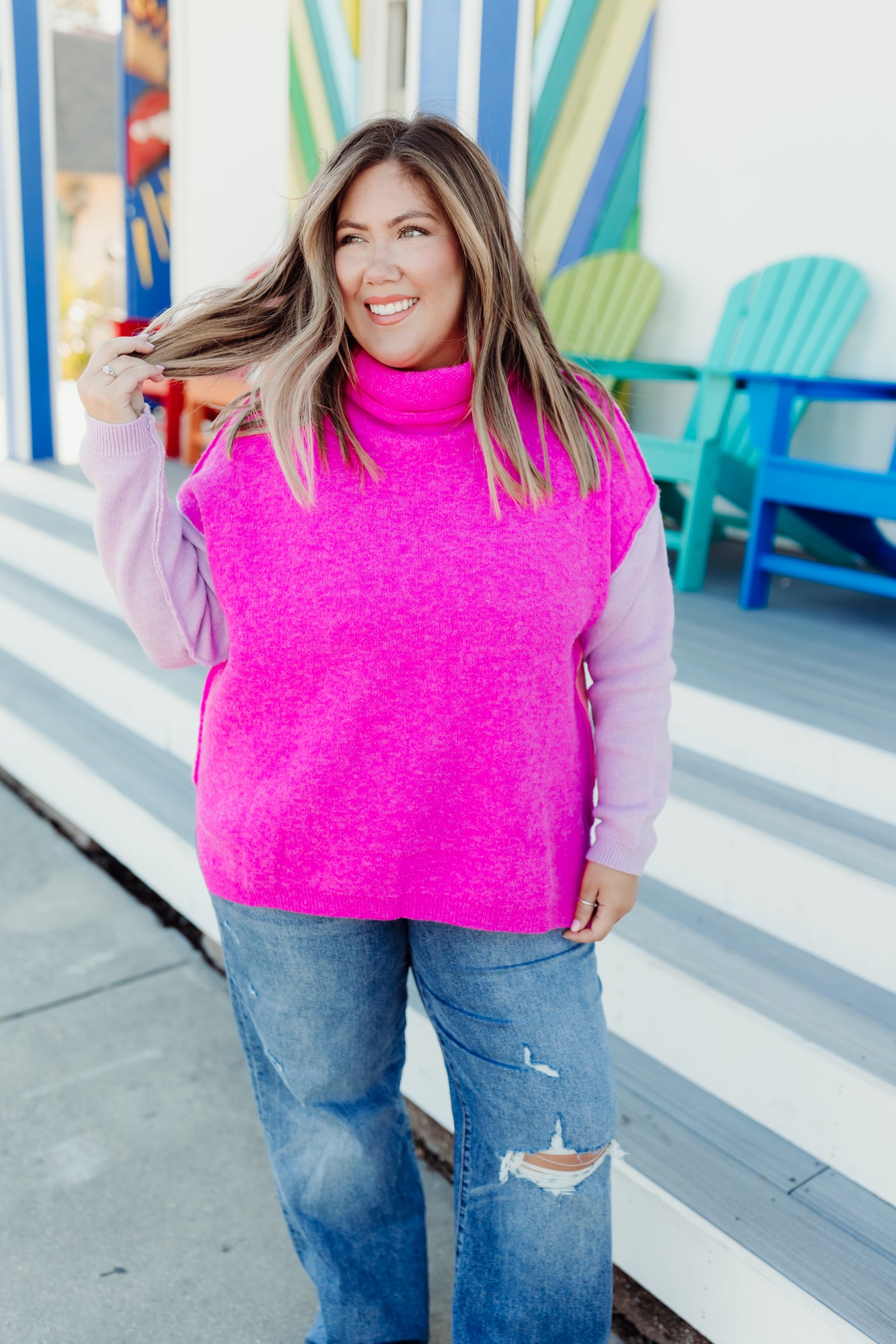 Magenta/Lavender/Light Pink Turtleneck Oversized Sweater