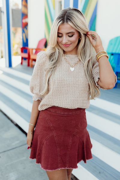 Taupe Round Neck Textured Puff Sleeve Top