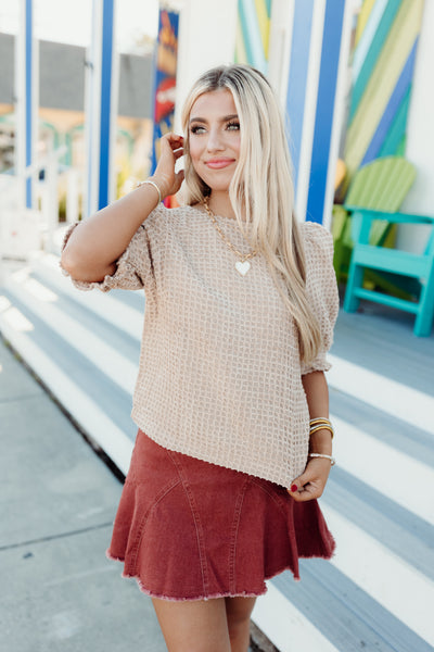 Taupe Round Neck Textured Puff Sleeve Top