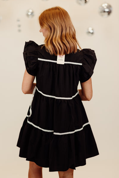 Black Tiered Flutter Sleeve Button Down Dress