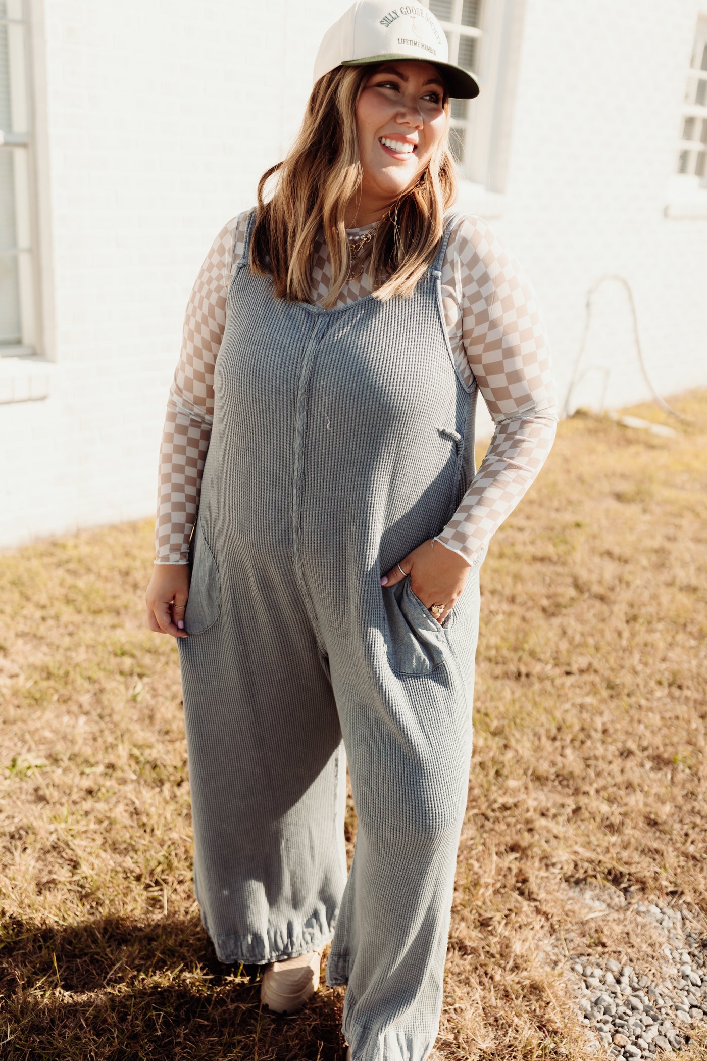 Dusty Navy Vintage Washed Waffle Knit Overalls