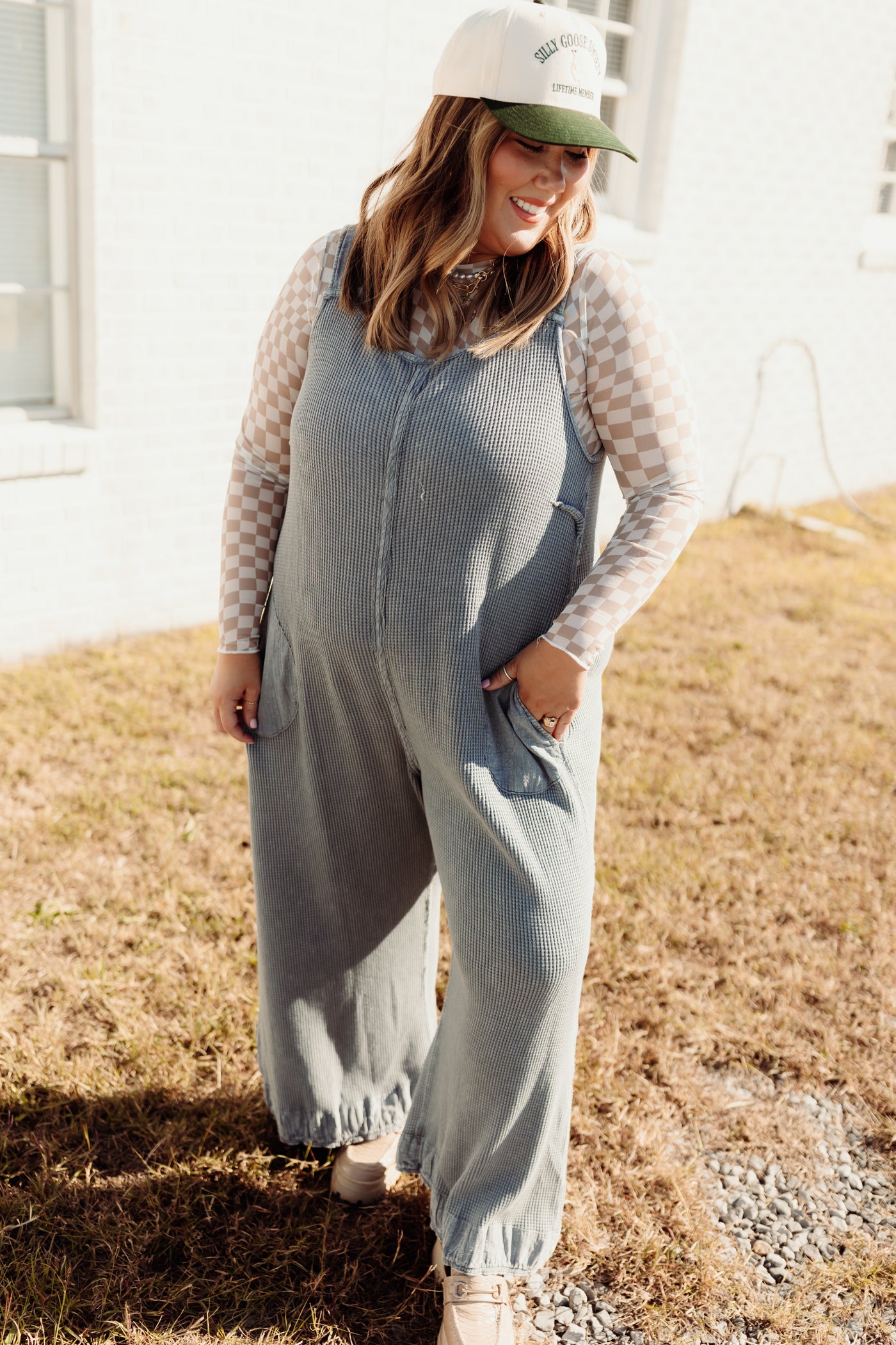 Dusty Navy Vintage Washed Waffle Knit Overalls