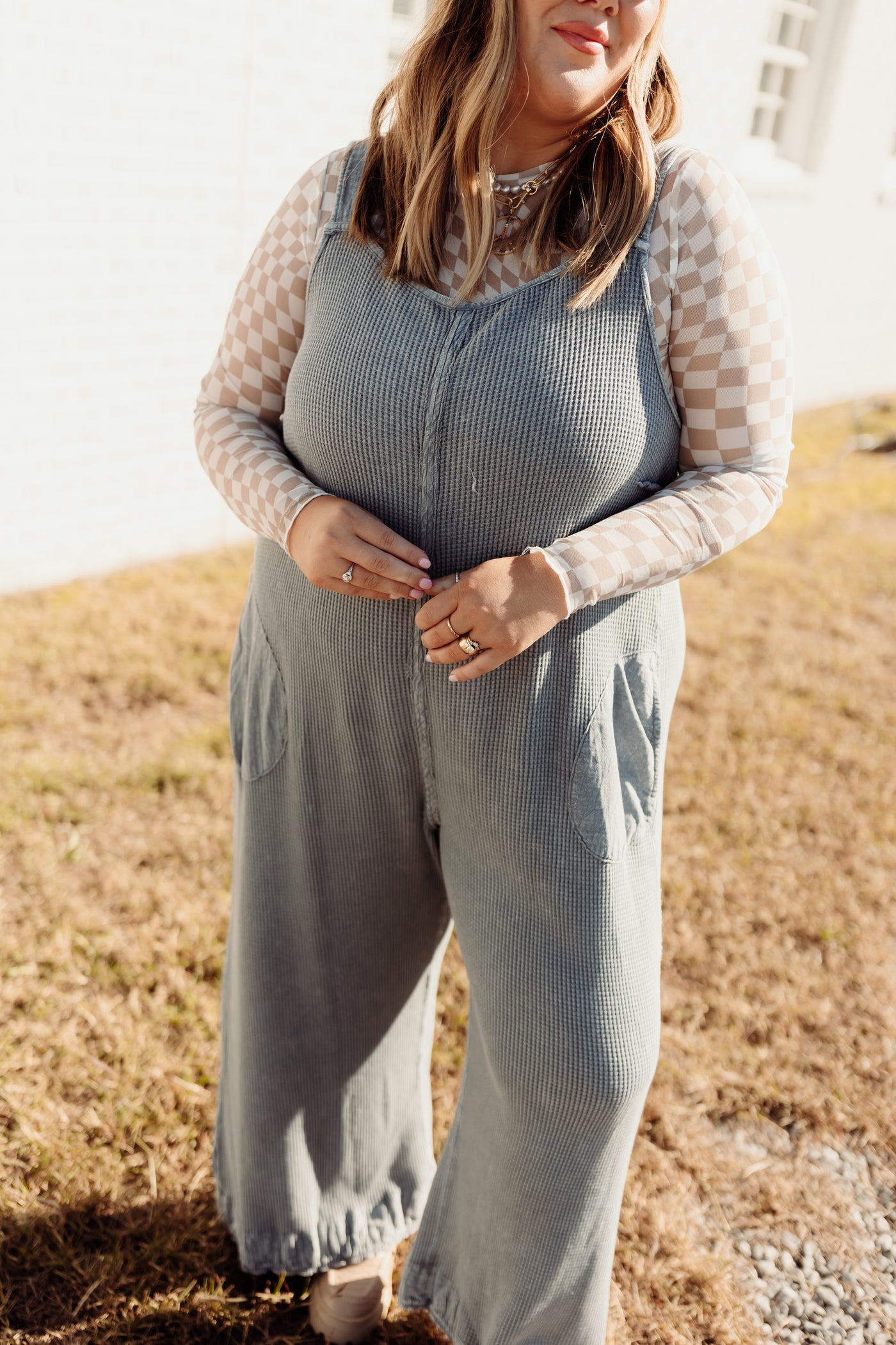 Dusty Navy Vintage Washed Waffle Knit Overalls