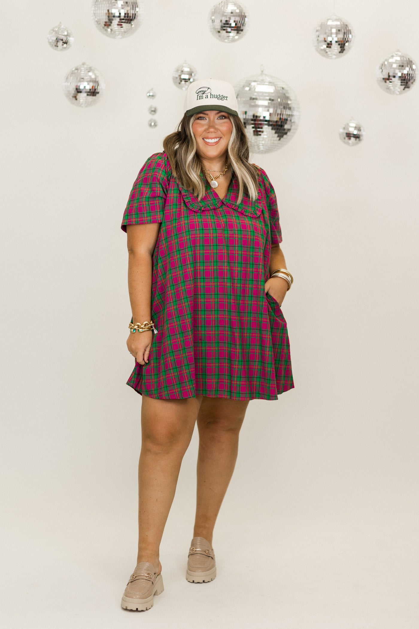 Magenta Plaid Short Sleeve Overlay Collar Mini Dress