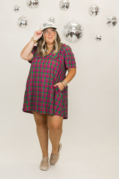 Magenta Plaid Short Sleeve Overlay Collar Mini Dress