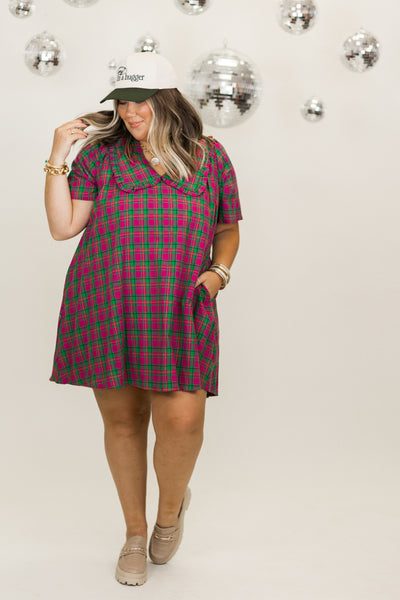 Magenta Plaid Short Sleeve Overlay Collar Mini Dress