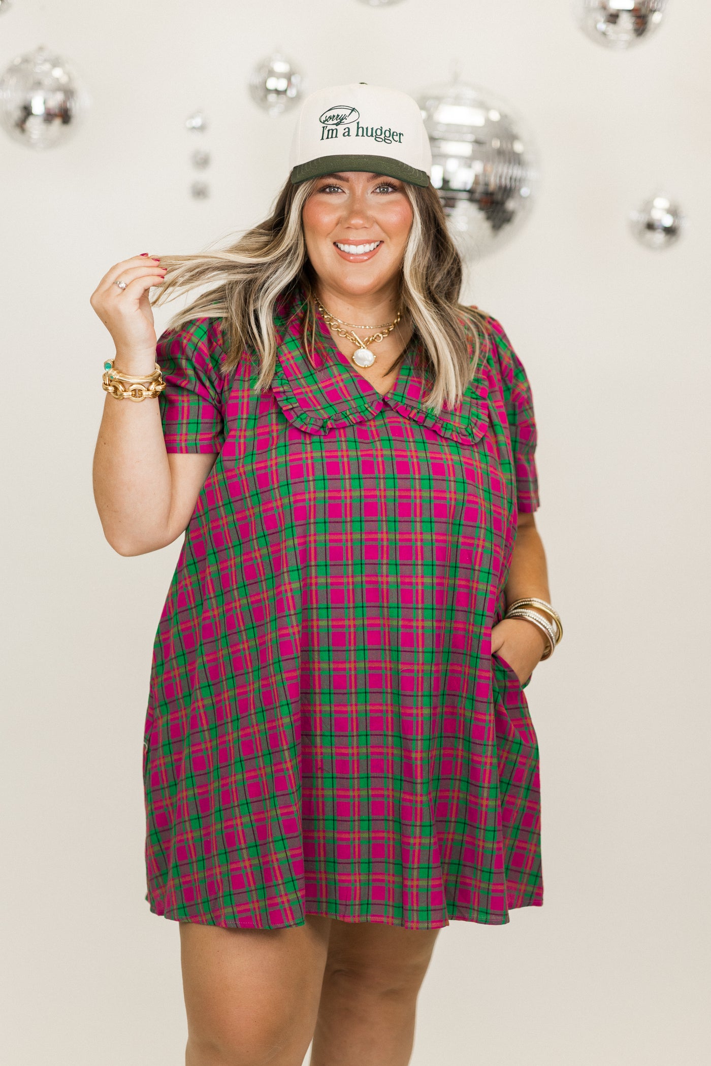 Magenta Plaid Short Sleeve Overlay Collar Mini Dress