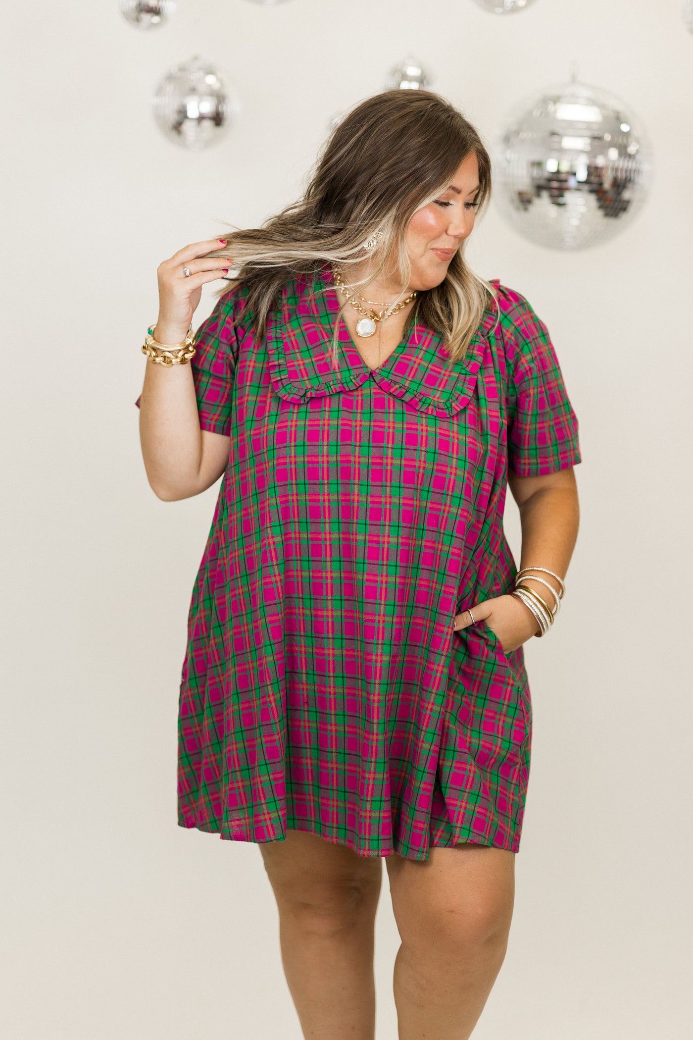 Magenta Plaid Short Sleeve Overlay Collar Mini Dress