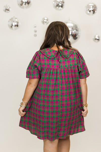 Magenta Plaid Short Sleeve Overlay Collar Mini Dress