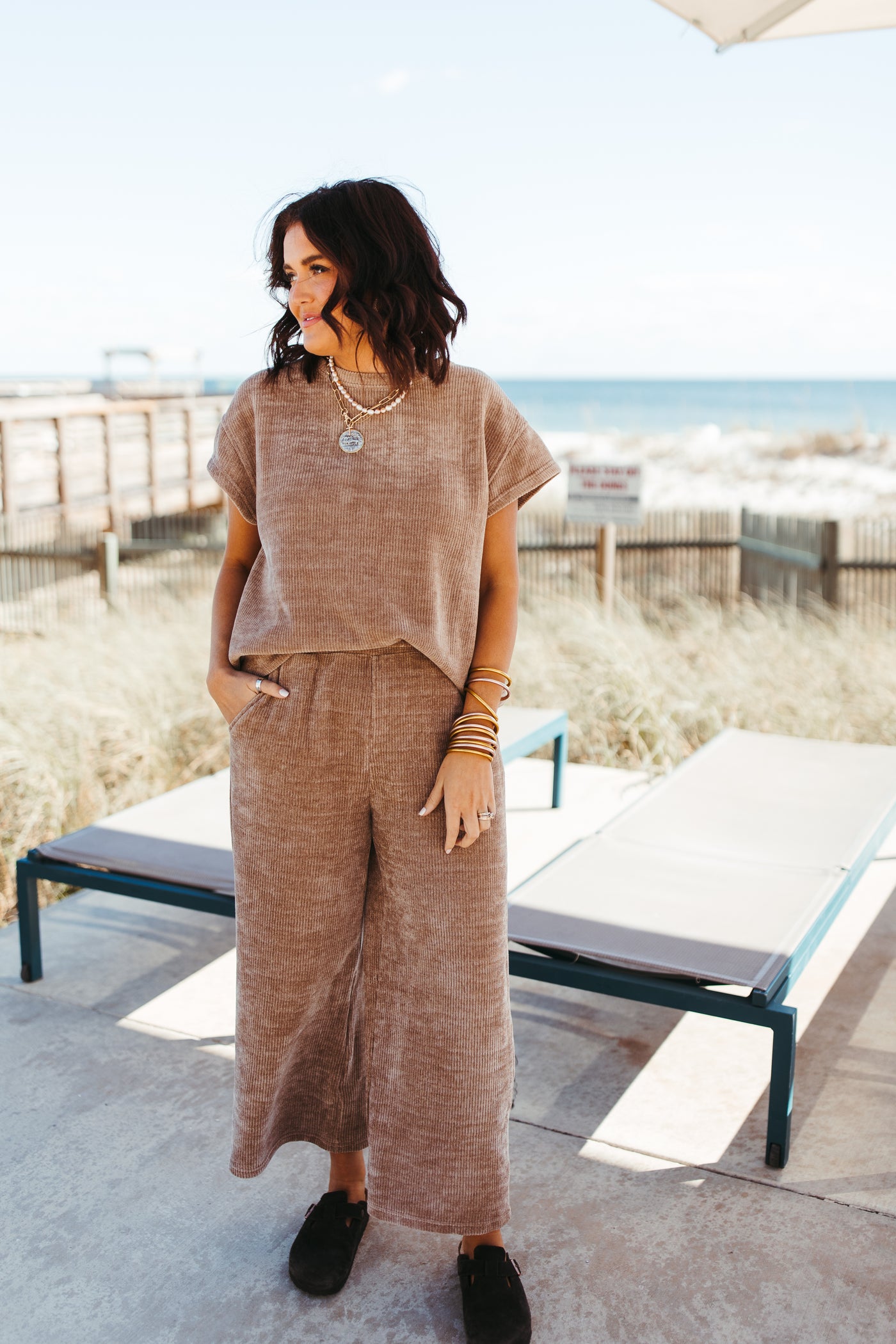 Tan Chenille Short Sleeve Top and Pant Set