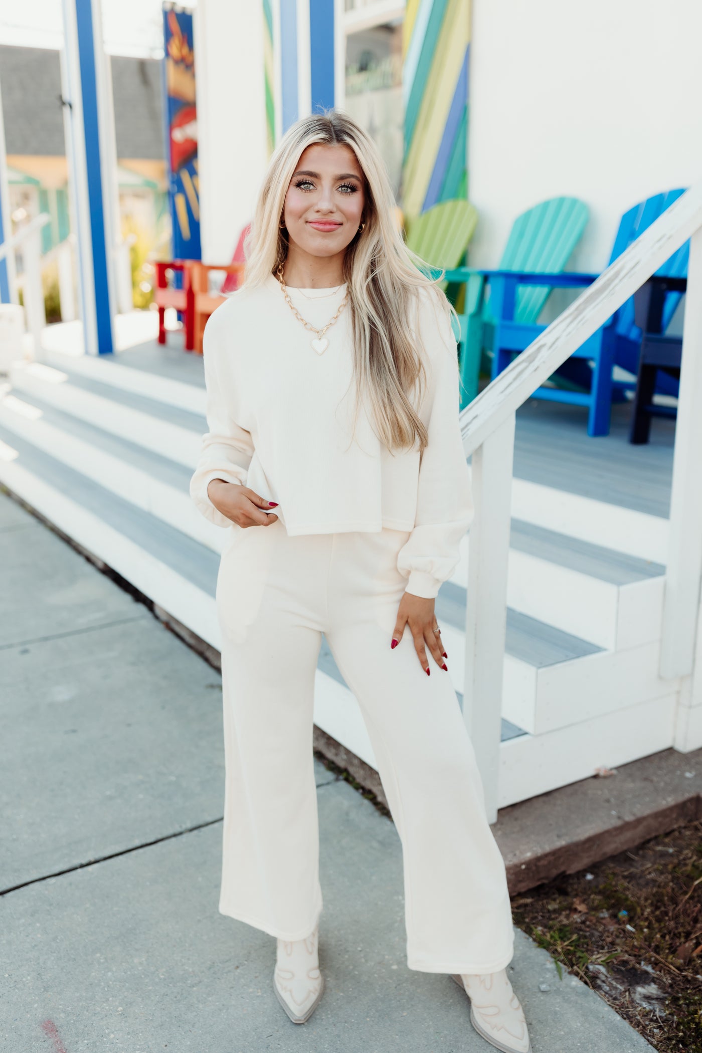 Cream Knit Sweatshirt and Wide Leg Pant Set