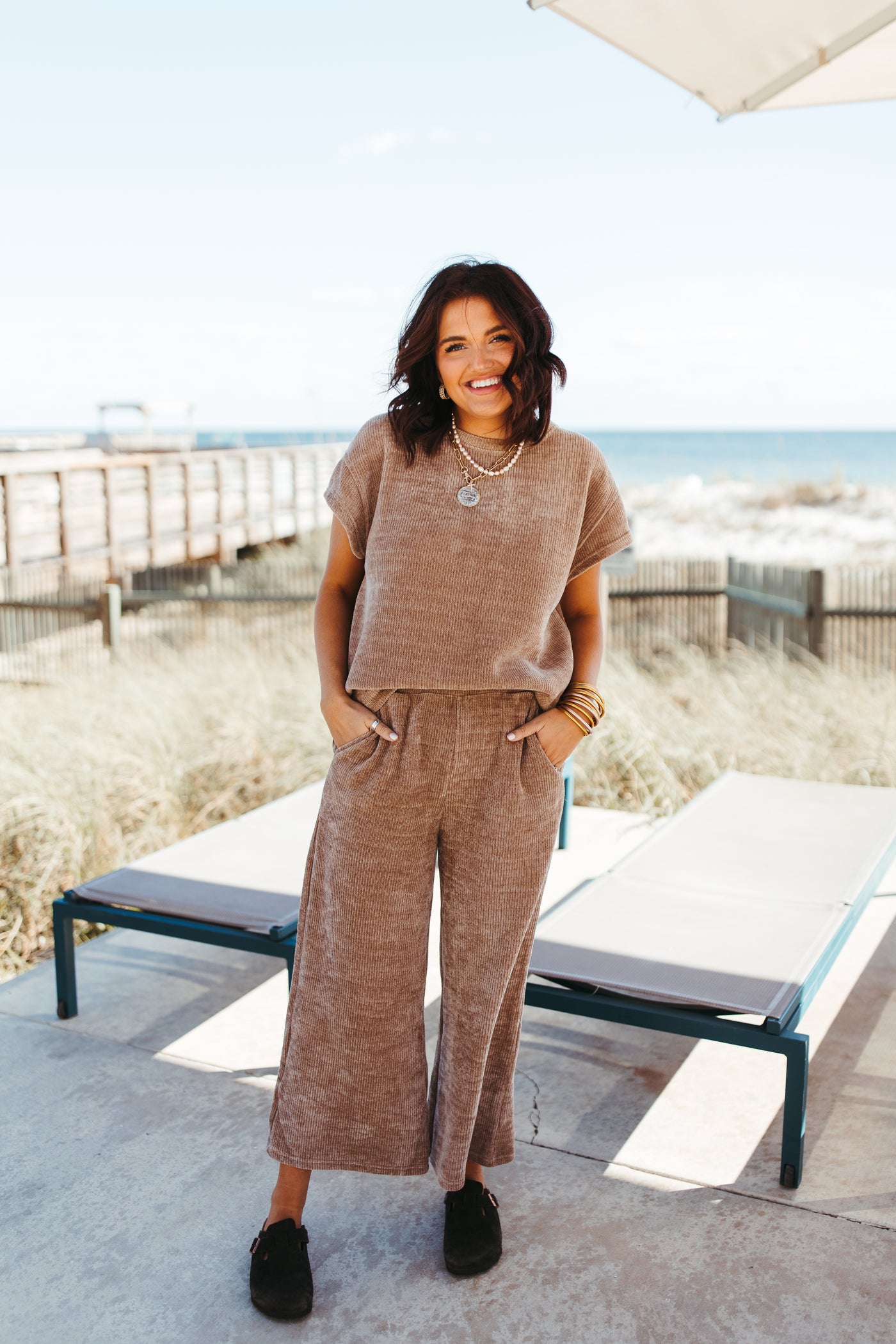 Tan Chenille Short Sleeve Top and Pant Set