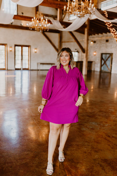 Fuchsia Textured Long Sleeve Shift Dress