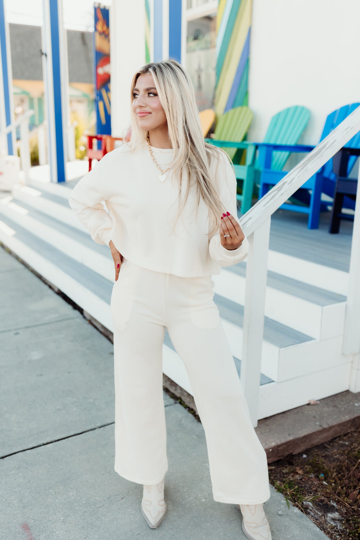 Cream Knit Sweatshirt and Wide Leg Pant Set