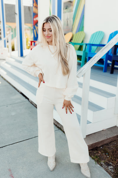 Cream Knit Sweatshirt and Wide Leg Pant Set