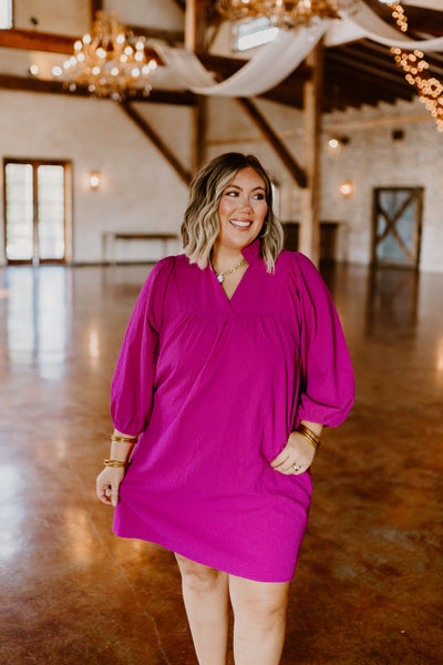 Fuchsia Textured Long Sleeve Shift Dress