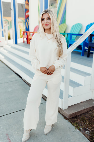 Cream Knit Sweatshirt and Wide Leg Pant Set