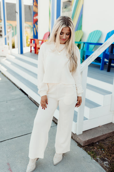 Cream Knit Sweatshirt and Wide Leg Pant Set