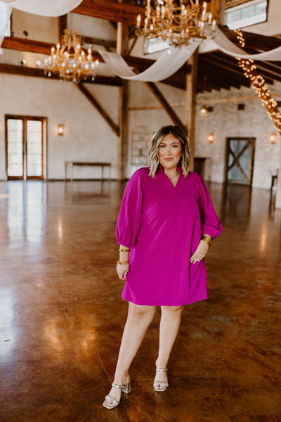 Fuchsia Textured Long Sleeve Shift Dress