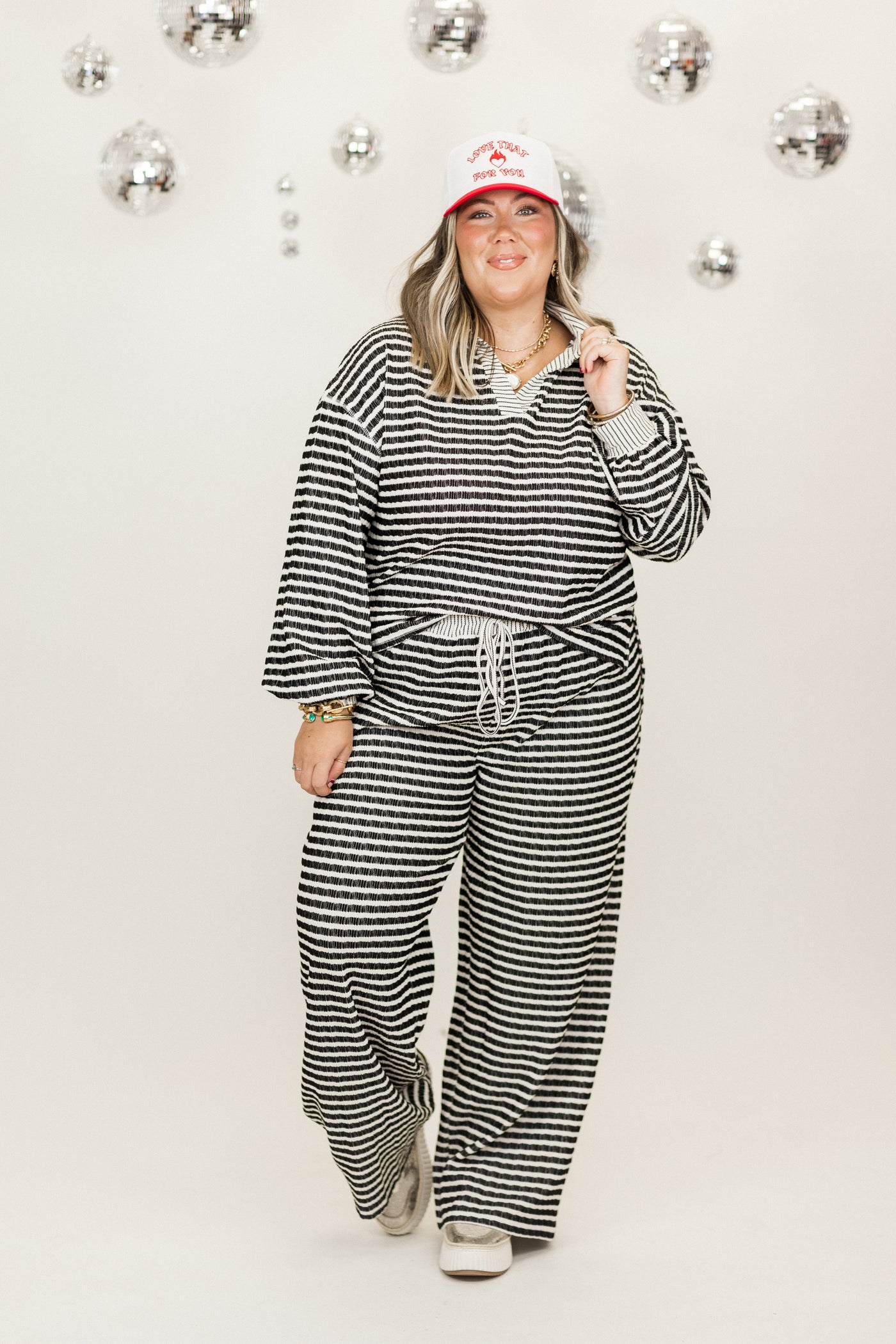 Black and Cream Striped Knit Pullover and Wide Leg Pant Set