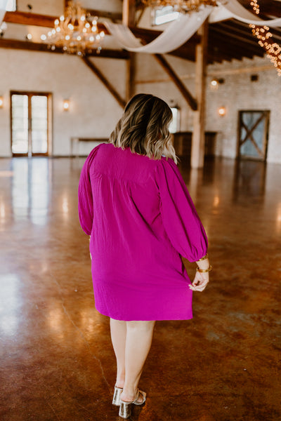 Fuchsia Textured Long Sleeve Shift Dress