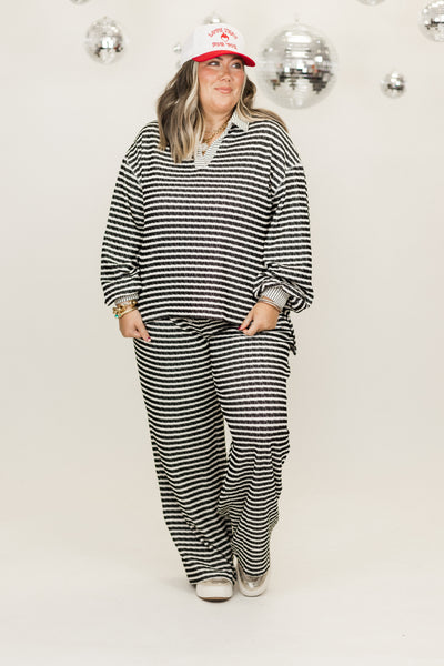 Black and Cream Striped Knit Pullover and Wide Leg Pant Set