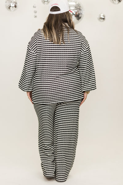 Black and Cream Striped Knit Pullover and Wide Leg Pant Set