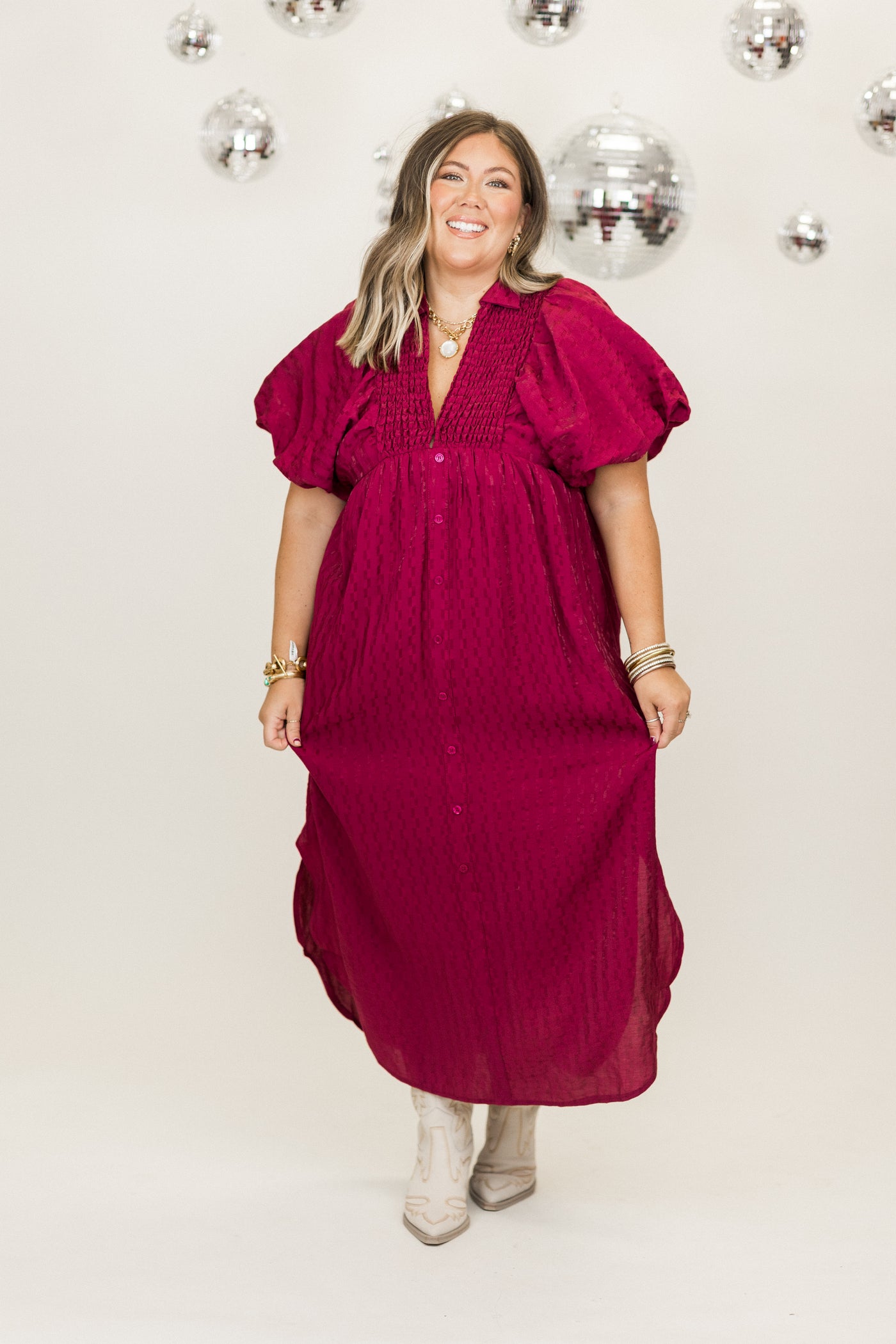 Plum Textured Puff Sleeve Button Down Midi Dress