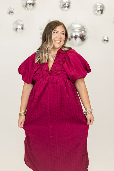 Plum Textured Puff Sleeve Button Down Midi Dress