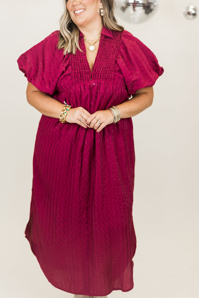 Plum Textured Puff Sleeve Button Down Midi Dress