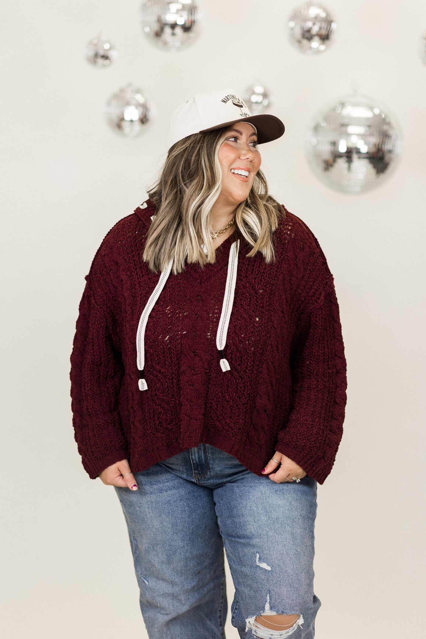 Burgundy Chenille Cable Knit Hoodie