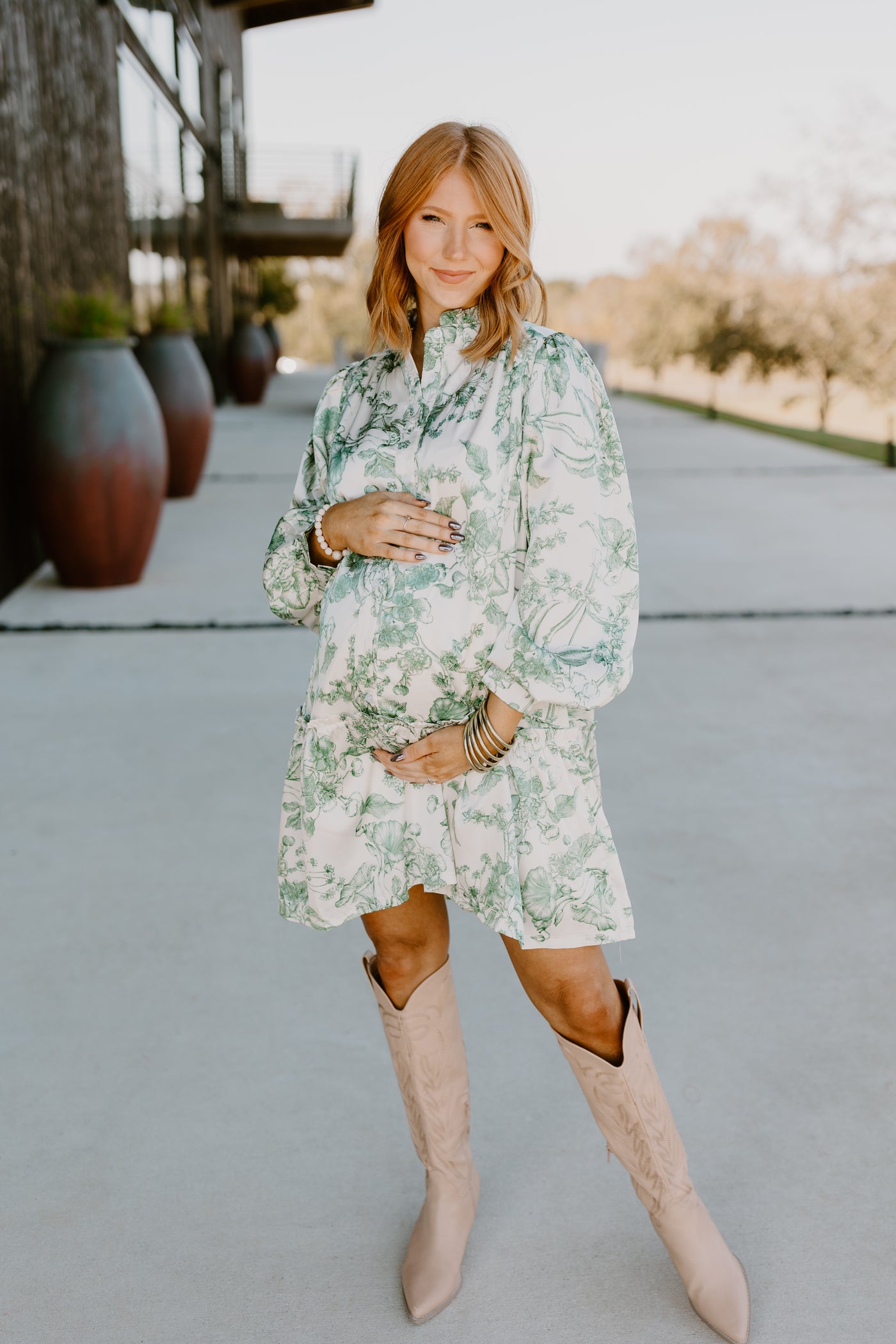 Deep Green Floral Long Sleeve Drop Waist Button Mini Dress