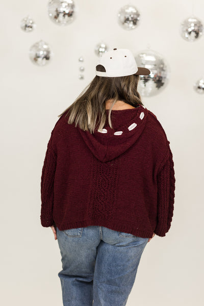 Burgundy Chenille Cable Knit Hoodie