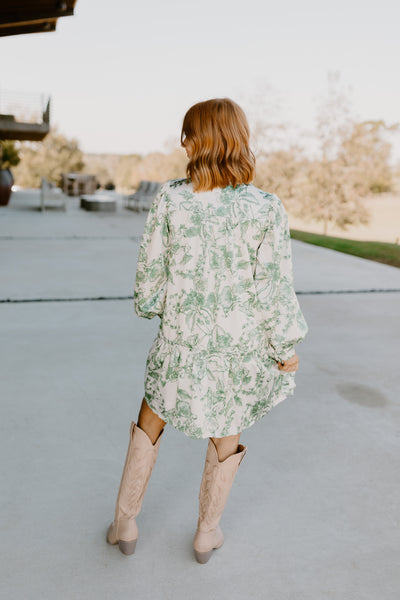 Deep Green Floral Long Sleeve Drop Waist Button Mini Dress