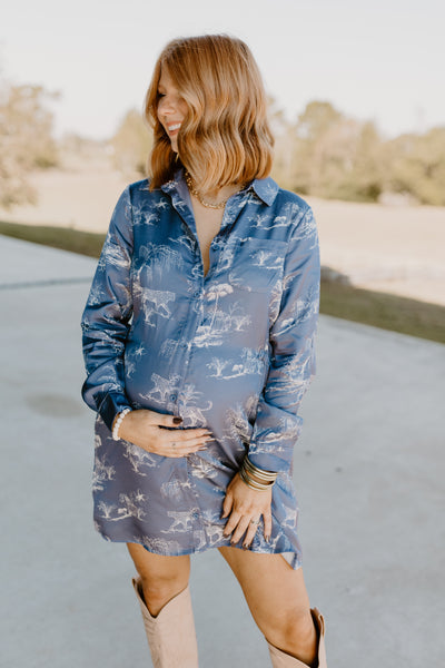 Navy Printed Button Down Collared Long Sleeve Dress