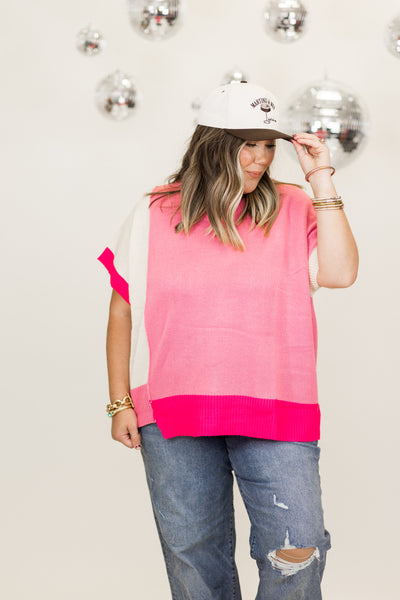 Pink Multi Colorblock Asymmetrical Hem Sweater Top