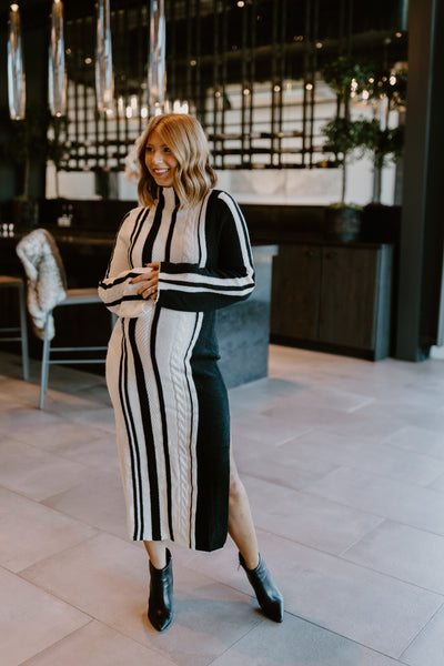 Off White and Black High Neck Long Sleeve Midi Sweater Dress