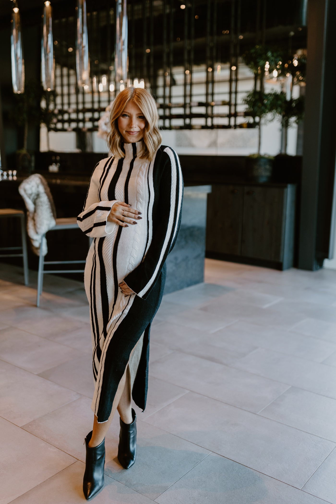 Off White and Black High Neck Long Sleeve Midi Sweater Dress