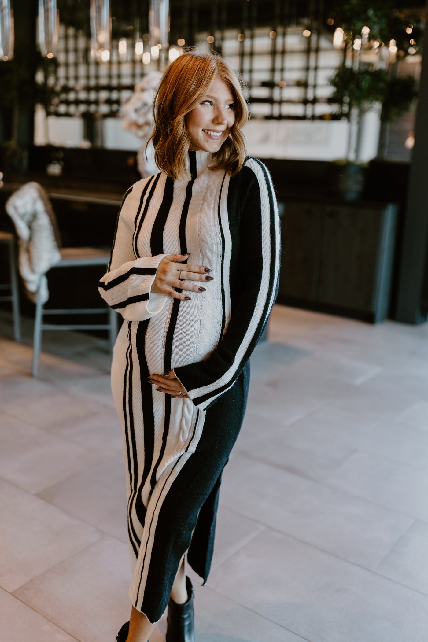 Off White and Black High Neck Long Sleeve Midi Sweater Dress