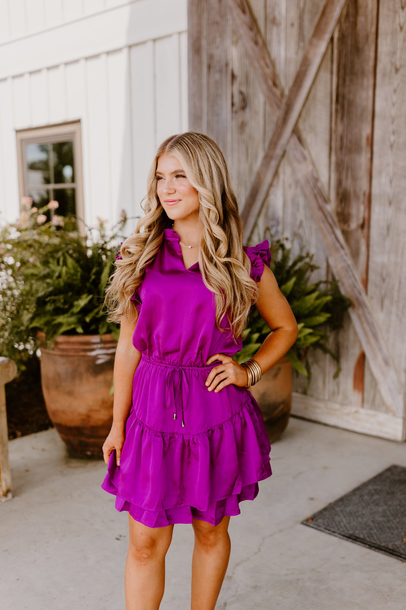 Magenta Satin Flutter Tie Waist Dress