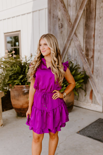 Magenta Satin Flutter Tie Waist Dress