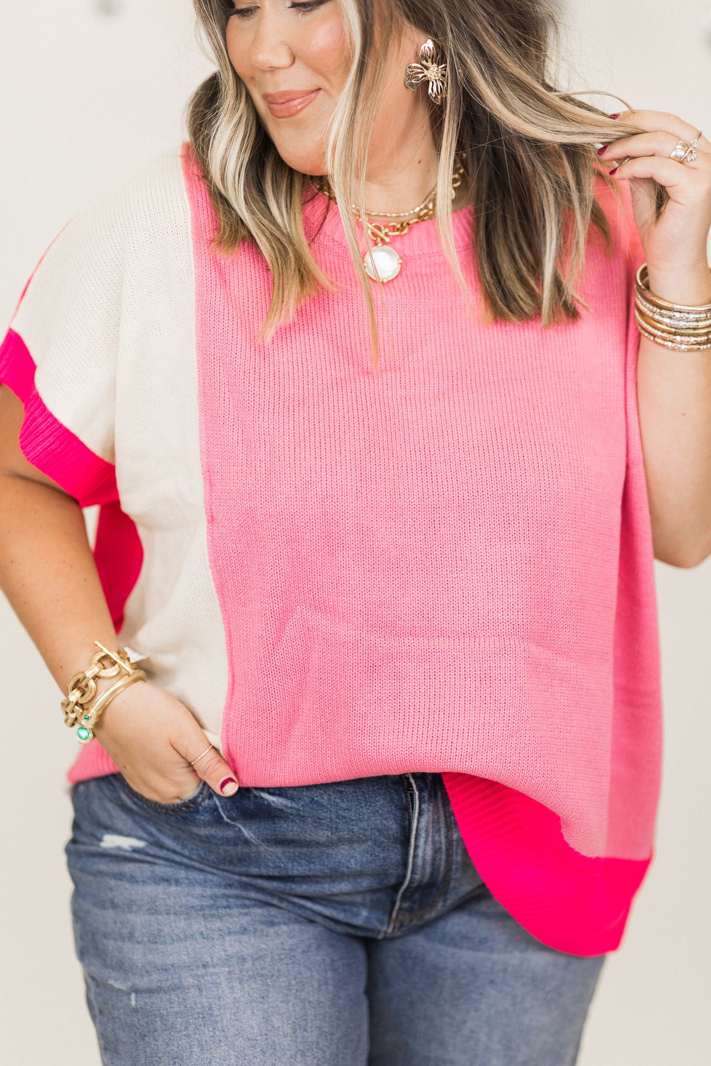 Pink Multi Colorblock Asymmetrical Hem Sweater Top