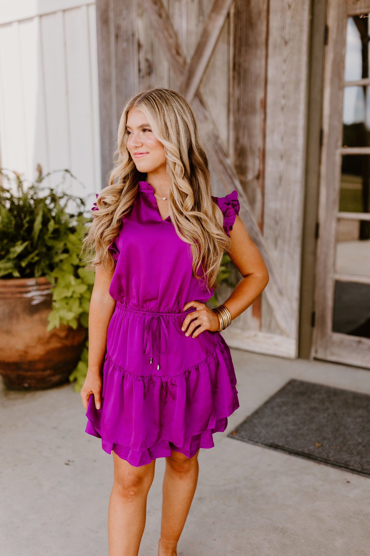 Magenta Satin Flutter Tie Waist Dress