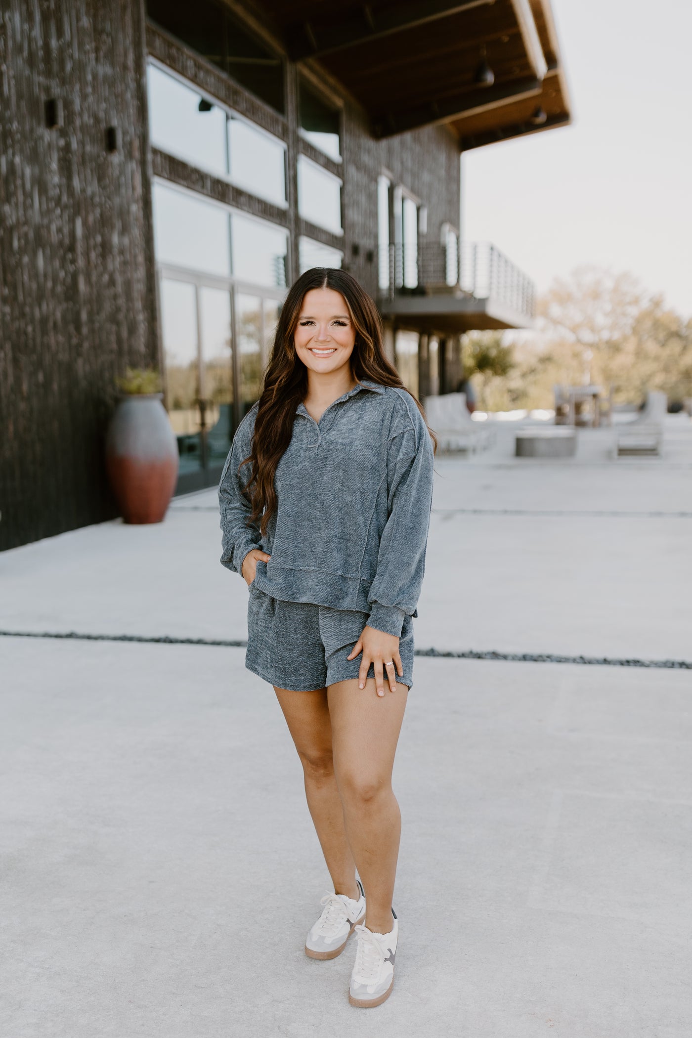 Dark Grey Oversized Chenille Pullover and Short Set