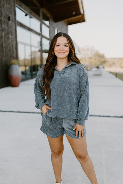 Dark Grey Oversized Chenille Pullover and Short Set