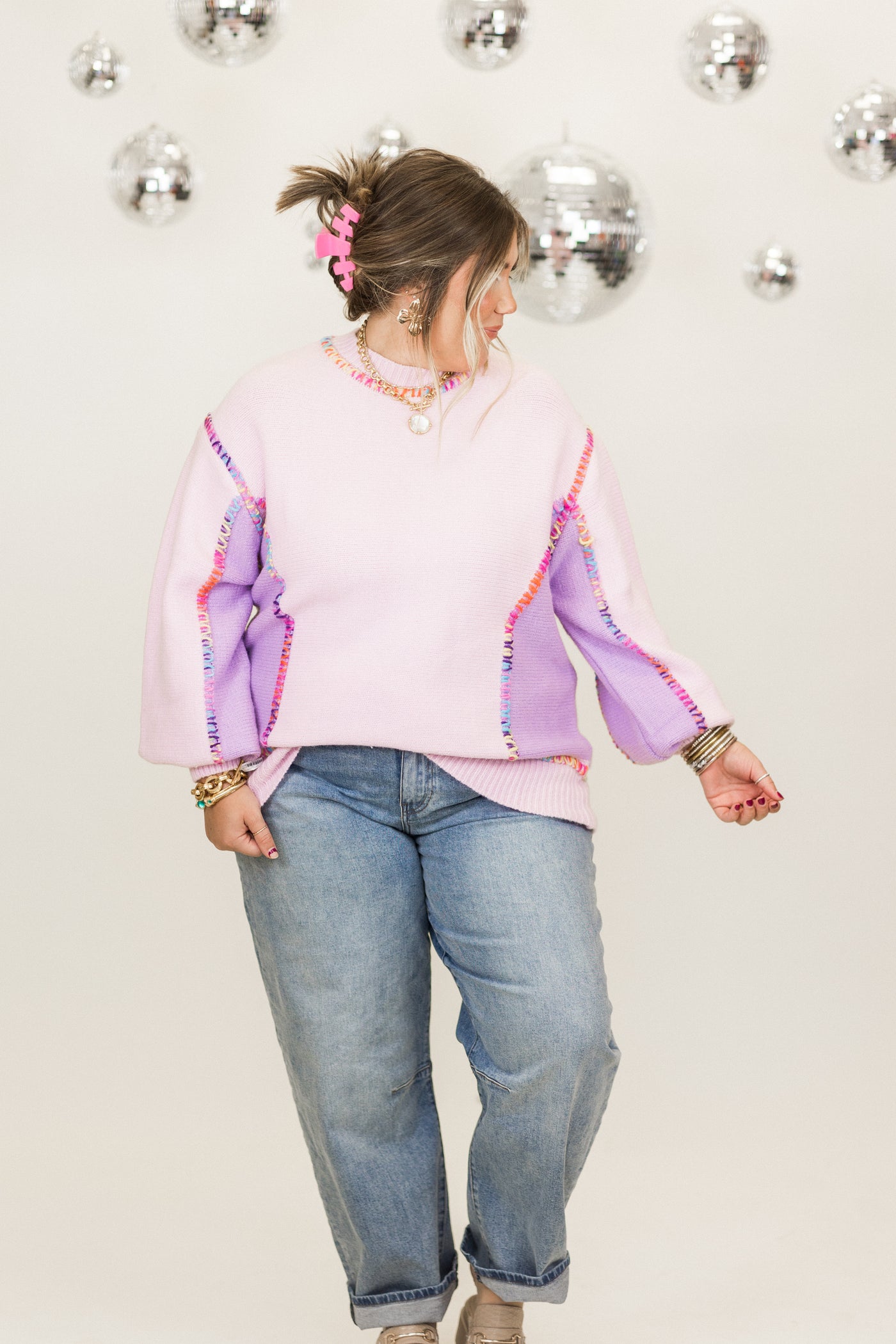 Lavender Multi Rainbow Reverse Seam Sweater