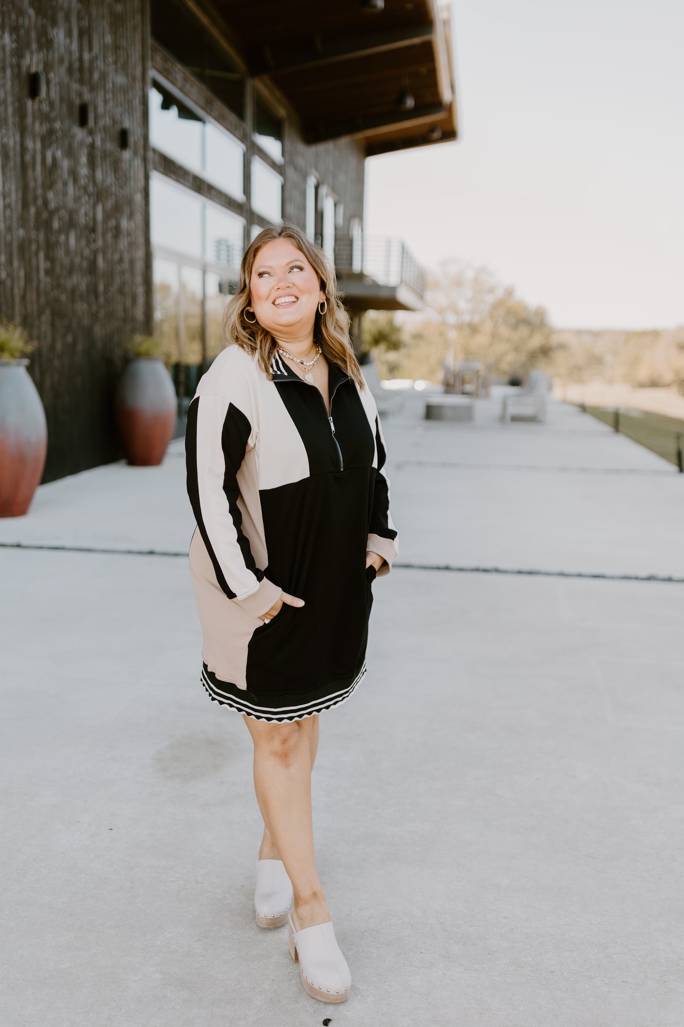 Black Colorblock Long Sleeve Collared Mini Dress